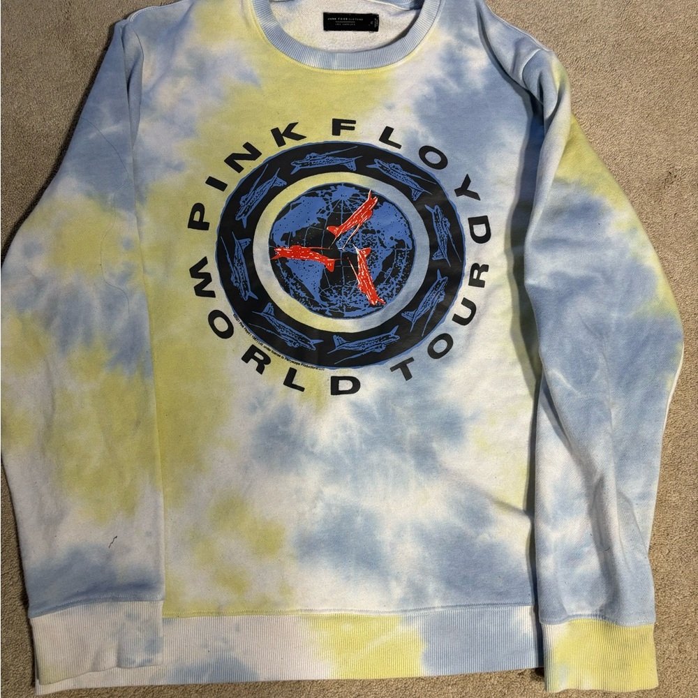 Yellow and blue tie-dye Pink Floyd World Tour sweatshirt